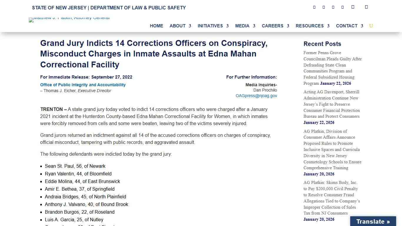 Grand Jury Indicts 14 Corrections Officers on Conspiracy, Misconduct Charges in Inmate Assaults at Edna Mahan Correctional Facility - New Jersey Office of Attorney General