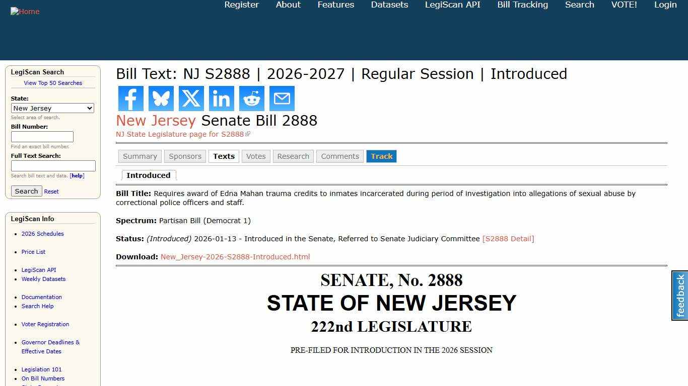 Bill Text: NJ S2888 2026-2027 Regular Session Introduced LegiScan